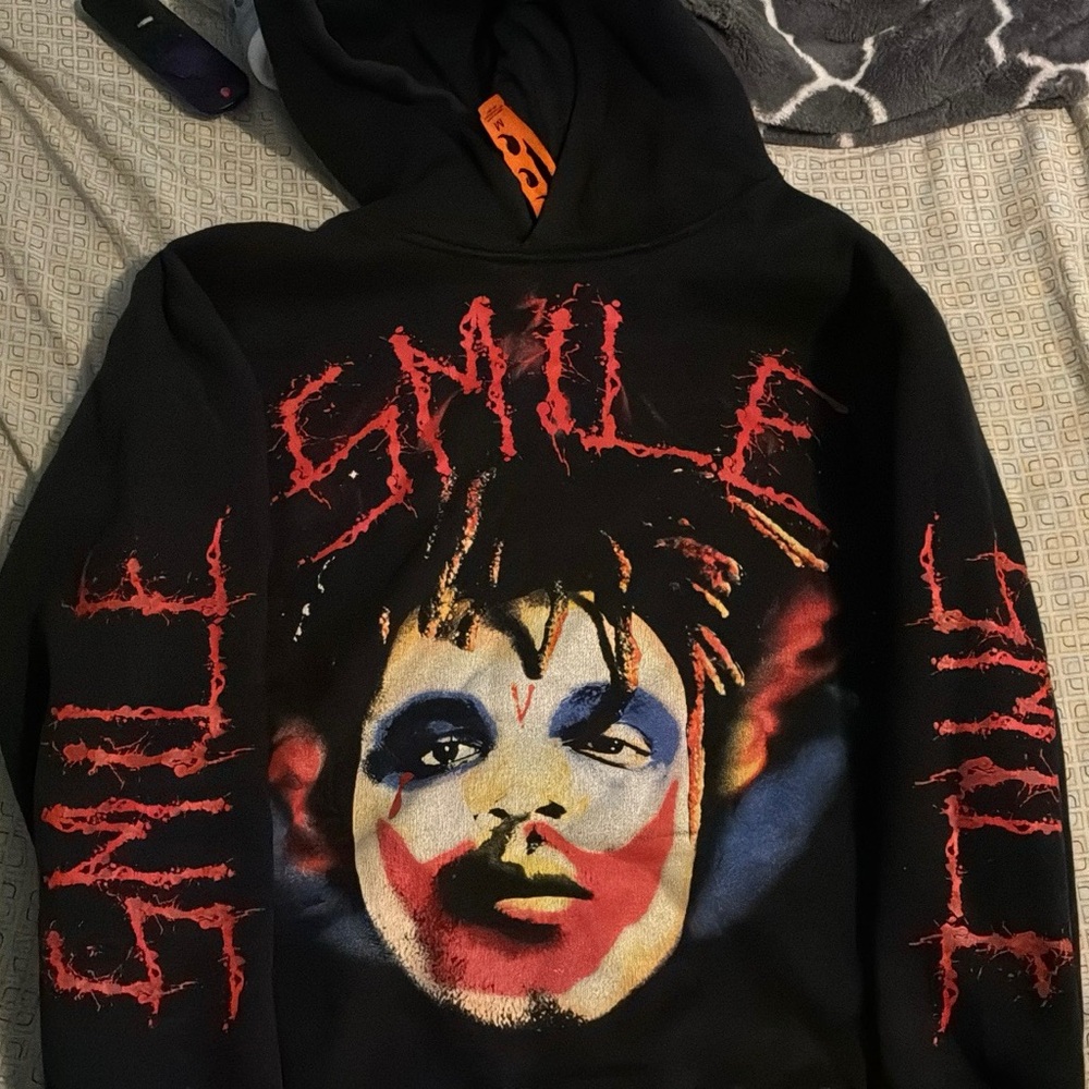 VLONE Black Hoodie with Red, Blue, Yellow Face Graphic